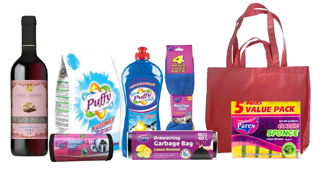 Combo Vino Rosato Merlot, Detergente en polvo 1,5kg, Detergente liquido 655ml, Paquete de 4 paños microfibra, Esponjas de fregar, Bolsas de basura, Bolsas de basura mini