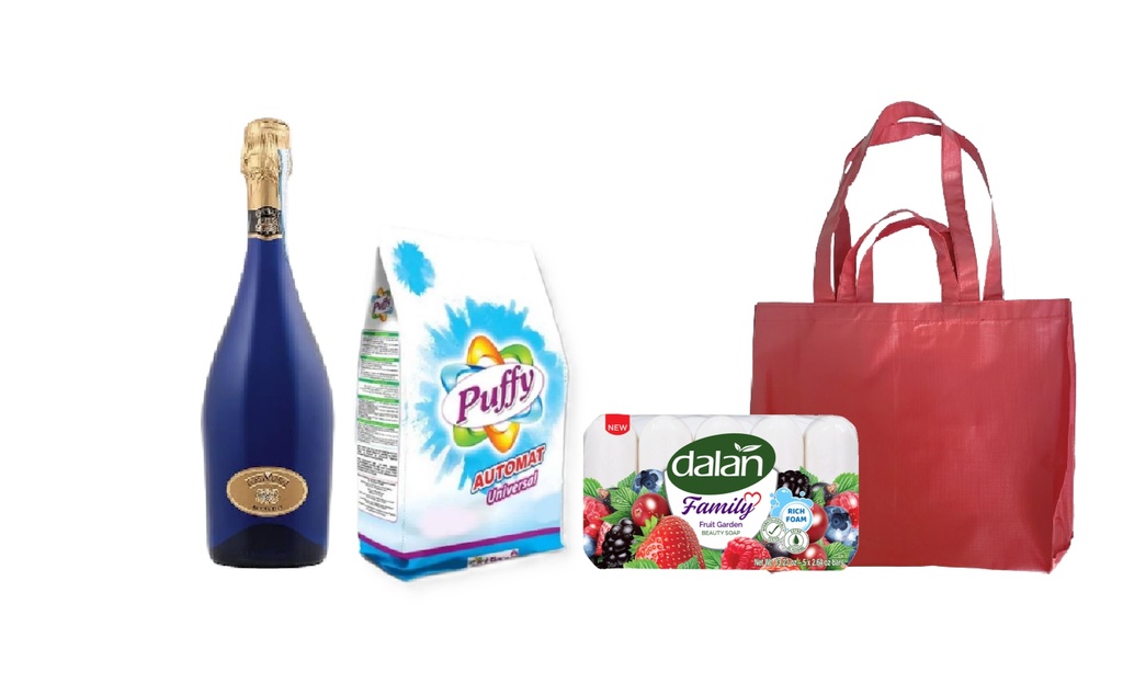 Combo Vino Espumante Fossmarai,Detergente en polvo 1,5kg, Jabón Familiar Dalan Frutas del Jardín