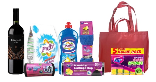 Combo Vino 4 Estaciones, Detergente en polvo 1,5kg, Detergente liquido 655ml, Paquete de 4 paños microfibra, Esponjas de fregar, Bolsas de basura, Bolsas de basura mini