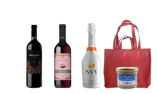 Combo Vino 4 Estaciones, Vino Rosato Merlot, Vino NVY, Pate White Tuna